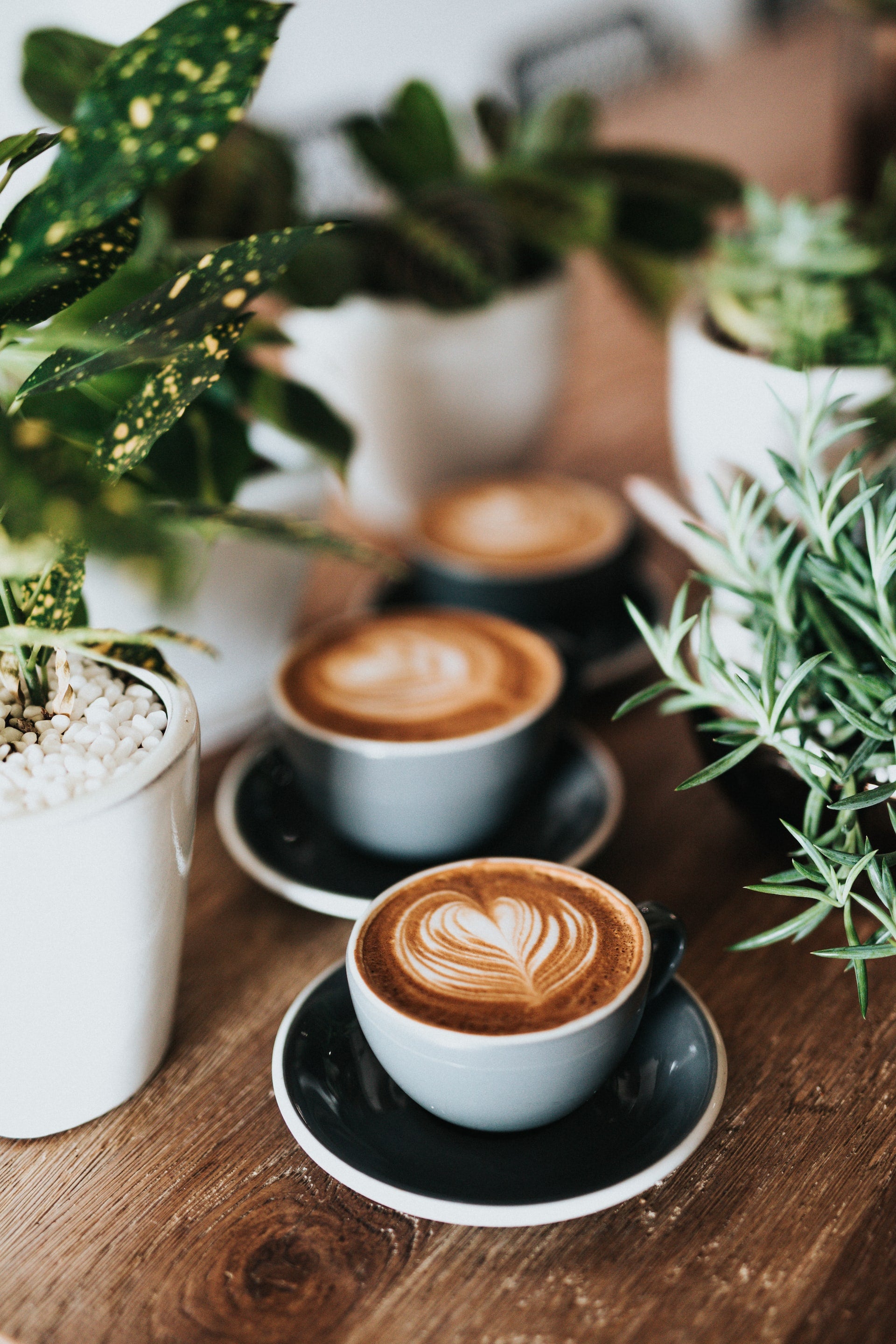 Three cups full of coffee are arranged in a row on a table